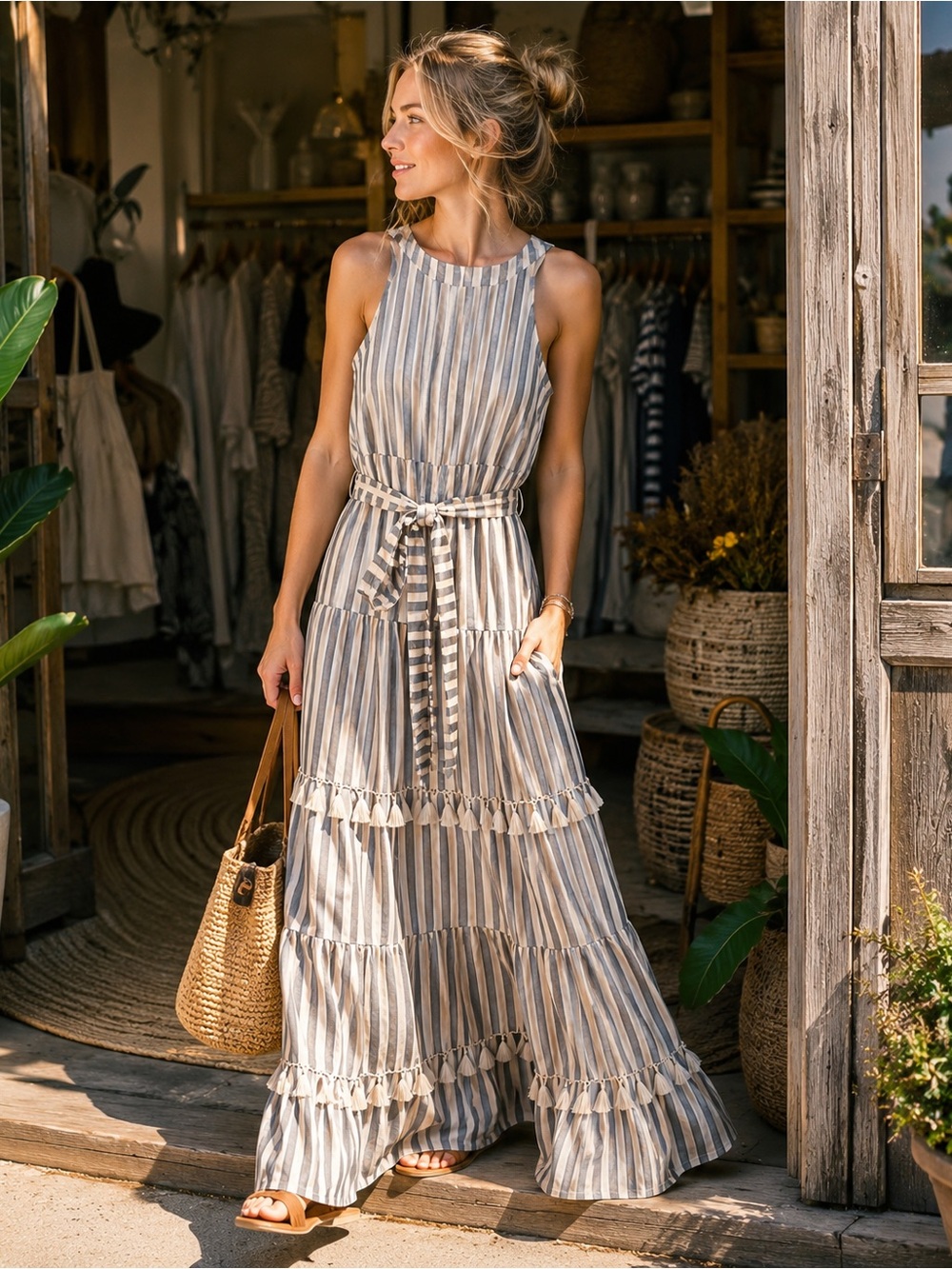 Eliza J Size 10 Striped Tiered Maxi Dress Tassel Trim Belted Boho Coastal Resort - Picture 4 of 7